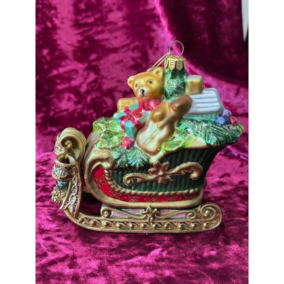 Vintage Fitz & Floyd Festive Bear & Christmas Sleigh Toy Bag Ornament - Picture 1 of 10